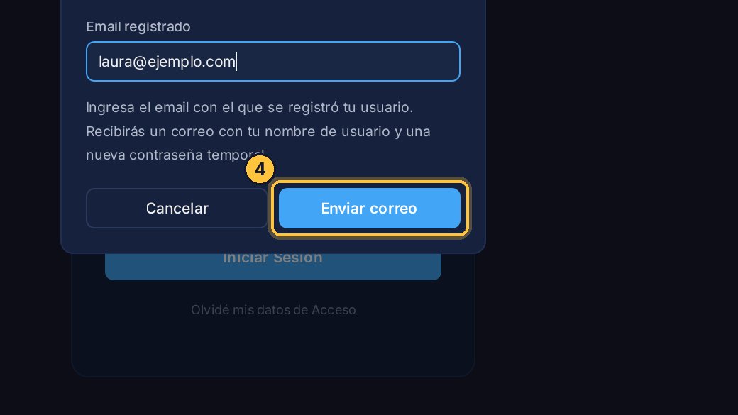 Al enviarlo, recibes un correo con tu nombre de usuario y una contraseña temporal. La primera vez que entres con ella, el sistema te pide que elijas una nueva.