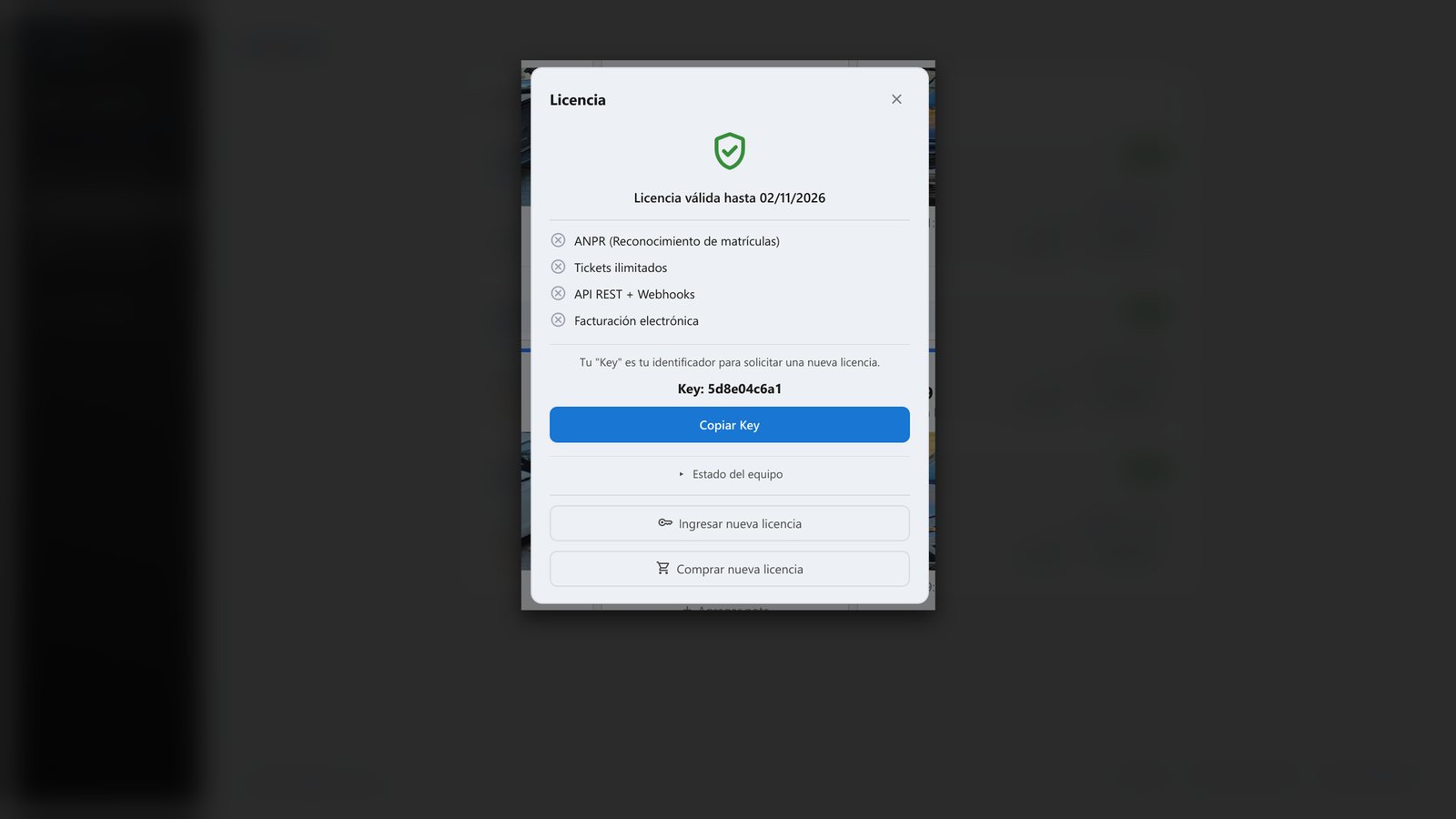 En TicketControl lo ves en el menú de tu usuario, en Licencia: hasta cuándo tienes licencia, y tu Key, con un botón para copiarlo.