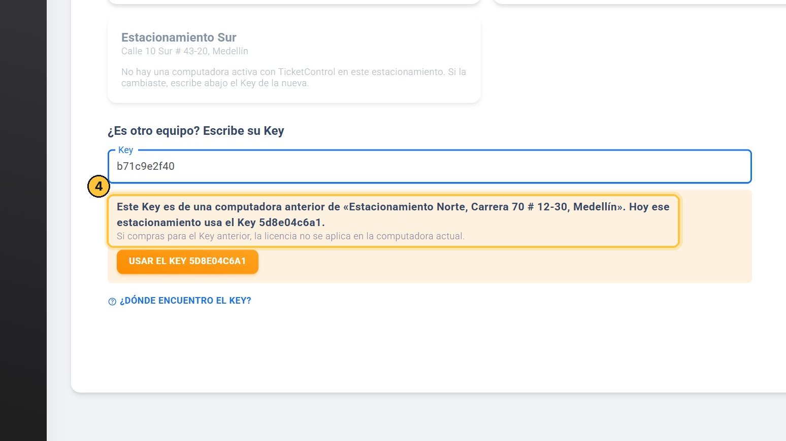 El portal te dice que ese Key es de una computadora anterior del Estacionamiento Norte, y cuál usa hoy. Si compras para el anterior, la licencia no se aplica en la computadora actual.