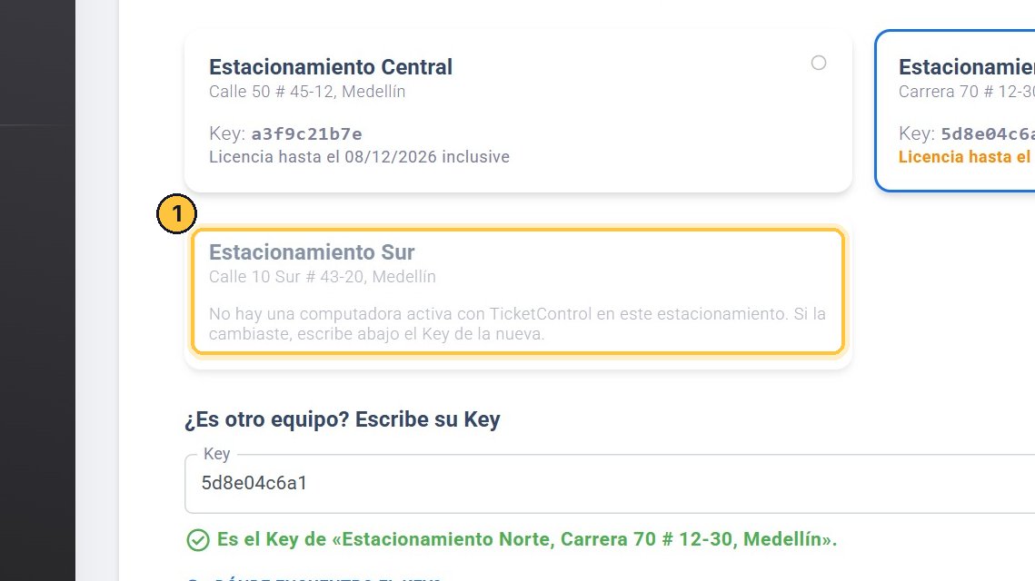 El Estacionamiento Sur cambió de computadora así. El portal te avisa que ahí no hay una computadora activa con TicketControl.