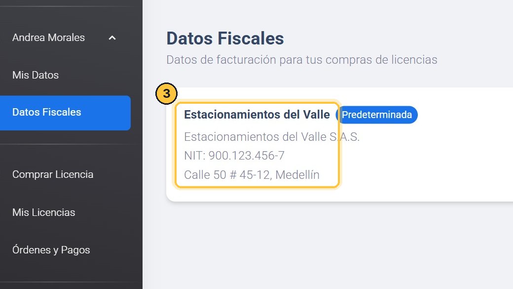 Aquí están las razones sociales de tu cuenta. Por ahora, una: Estacionamientos del Valle, con su NIT y su domicilio.