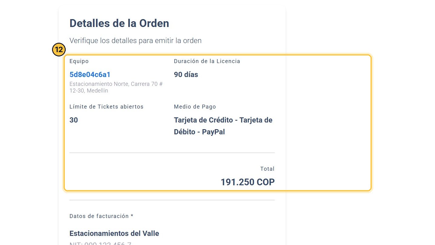 Revisa el detalle: el Key, la duración, el límite de tickets, el medio de pago y el total.