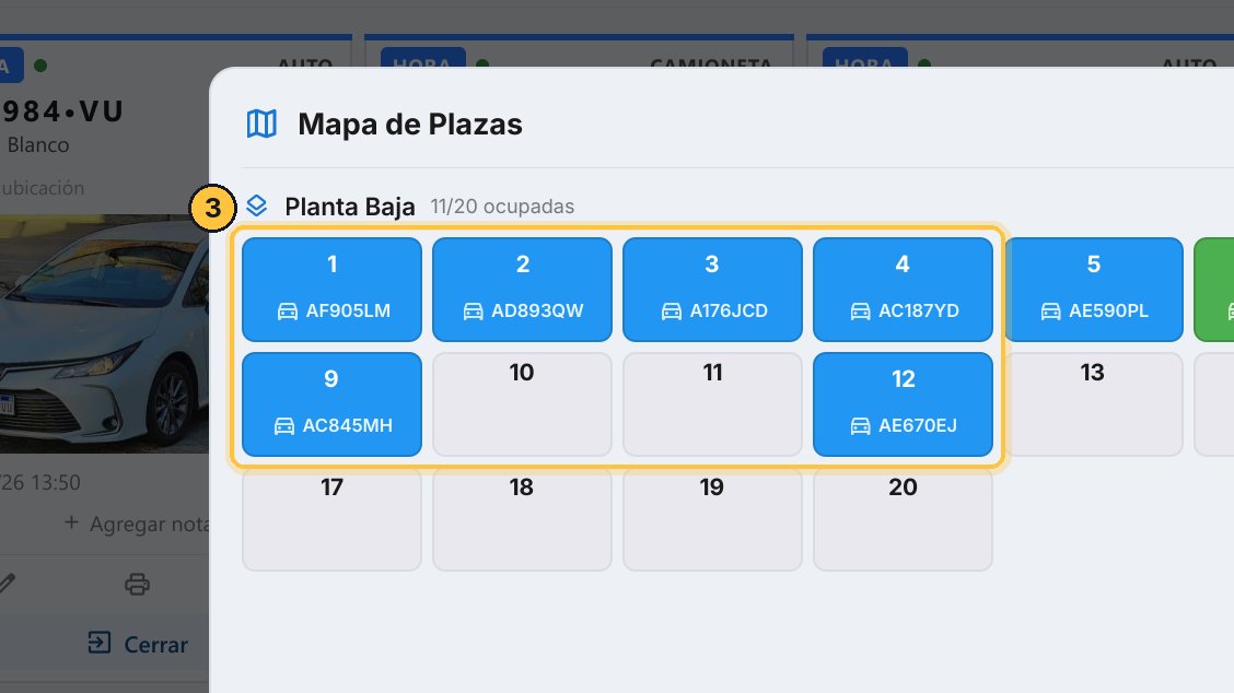 En cada plaza, su número y la matrícula del vehículo que la ocupa. La doce es la que acabas de asignar.