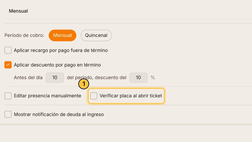 Verificar placa al abrir ticket: si el cajero carga a mano un ticket con la matrícula de un abonado, el sistema le avisa que es un cliente mensual, para que decida si lo crea o no.