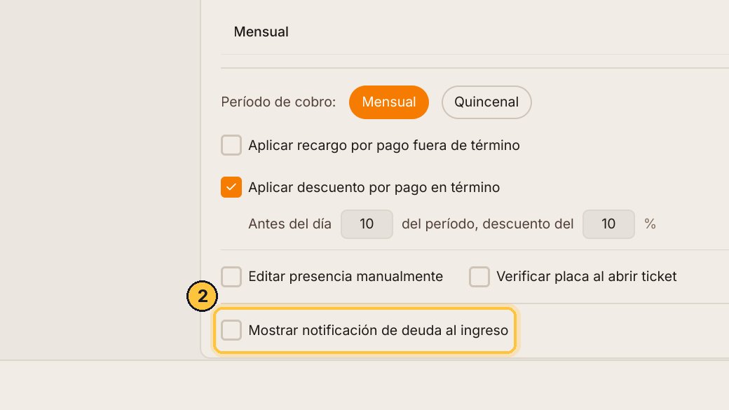Y con Mostrar notificación de deuda al ingreso, el sistema avisa cuando entra un abonado que debe. Actívala.