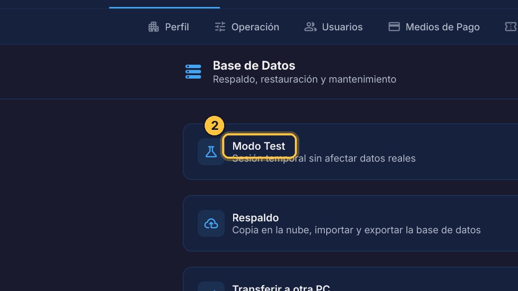 La primera tarjeta es la del Modo Test: haz clic para abrirla.