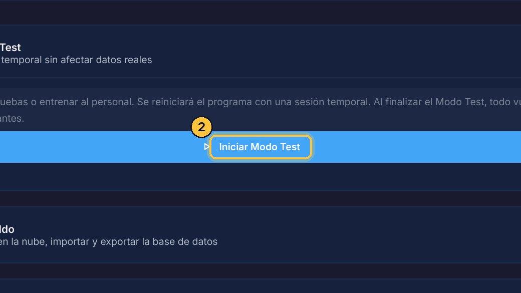 Con Iniciar Modo Test, el programa se reinicia y se abre sobre una copia de todos tus datos.