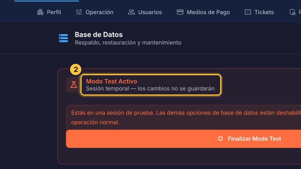 La tarjeta pasa a Modo Test Activo, y las demás opciones de esta pantalla, como el respaldo o la restauración, se ocultan.