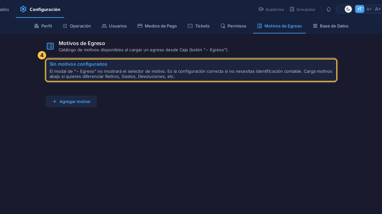 Mientras no cargues ninguno, el cajero registra sus egresos sin elegir un motivo.