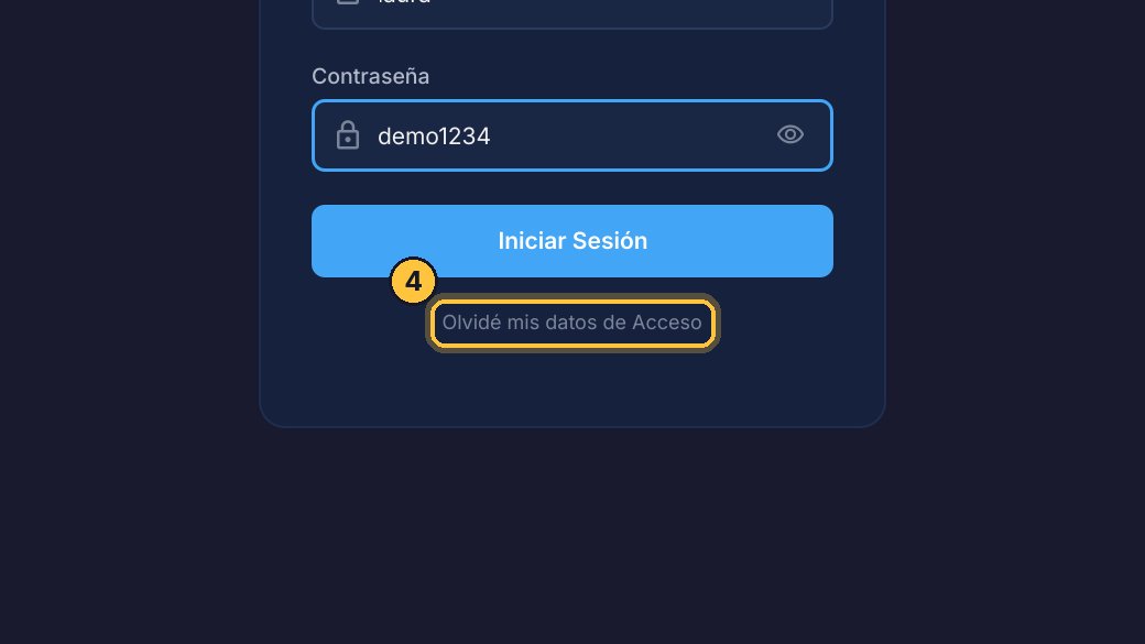 Si no recuerdas tu usuario o tu contraseña, usa Olvidé mis datos de Acceso: te llega un correo con tu usuario y una contraseña temporal. Lo vemos en Iniciar sesión y usuarios.