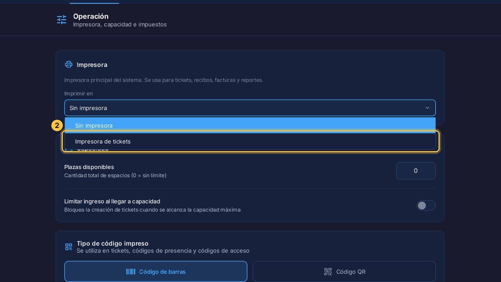 Elige la impresora de tickets.
