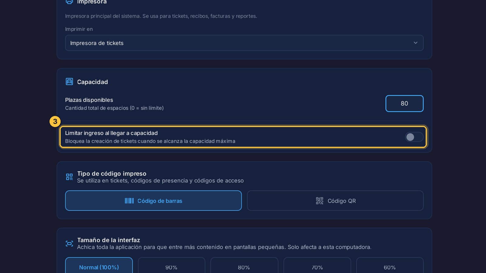Si además activas Limitar ingreso al llegar a capacidad,