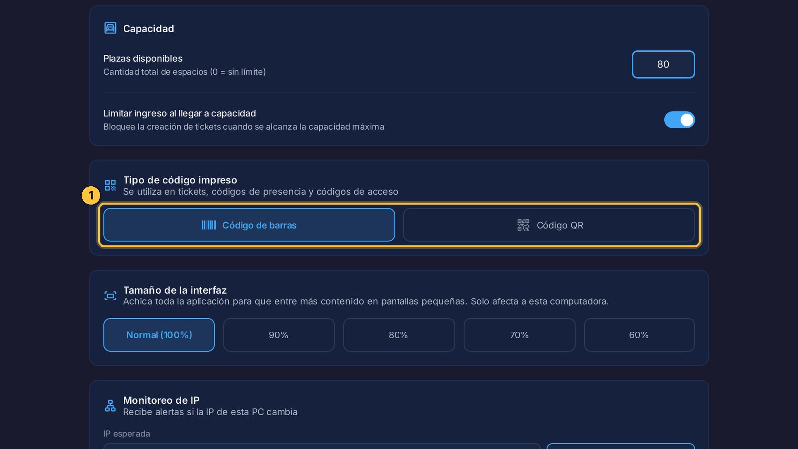Aquí eliges qué código se imprime: un código de barras, o un código QR.