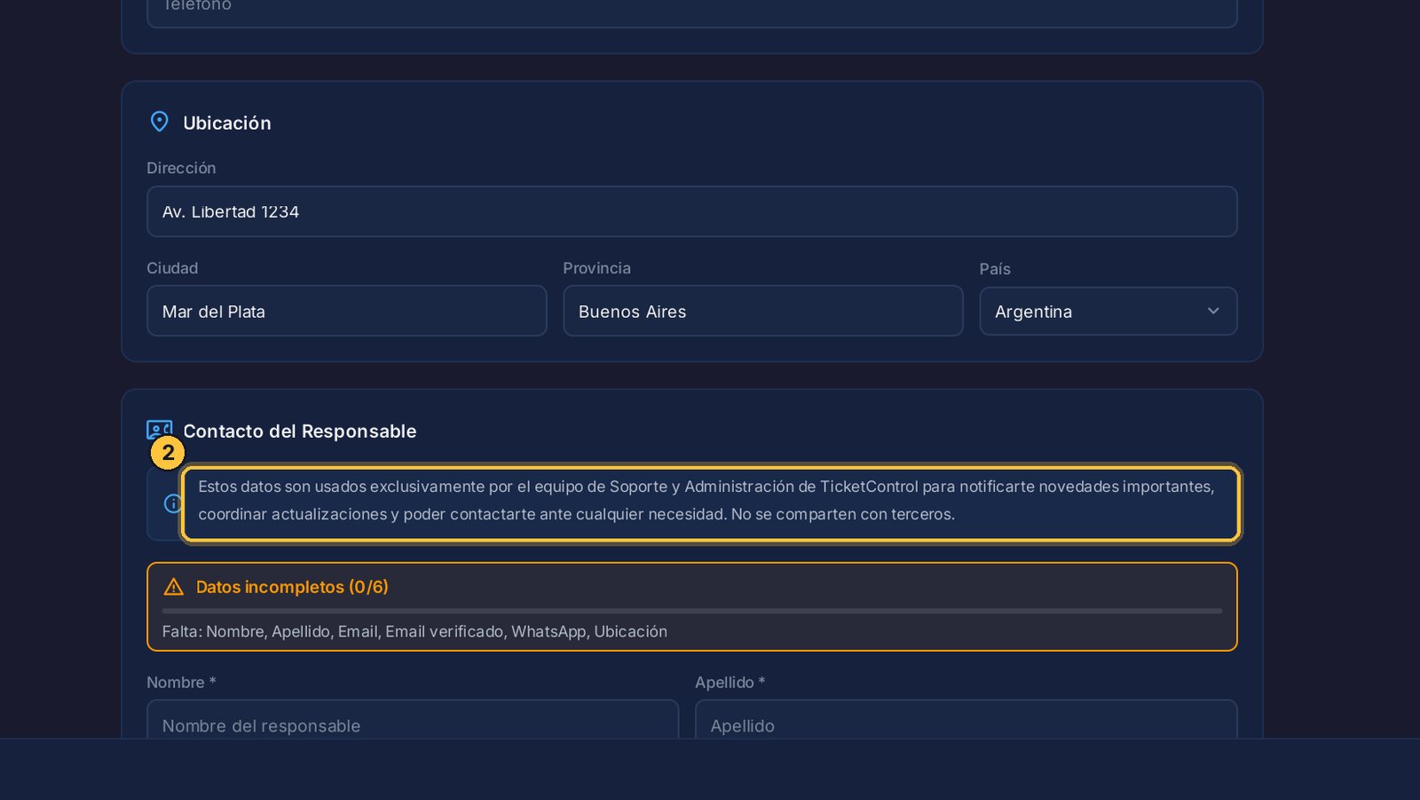 Estos datos los usa solo el equipo de soporte de TicketControl, para avisarte de novedades importantes y poder contactarte si hace falta. No se comparten con nadie.