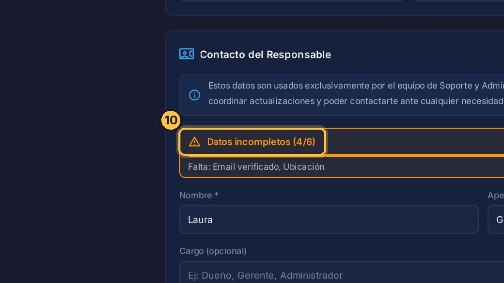A medida que completas los datos, el aviso se actualiza. Cuando no falta nada, desaparece.