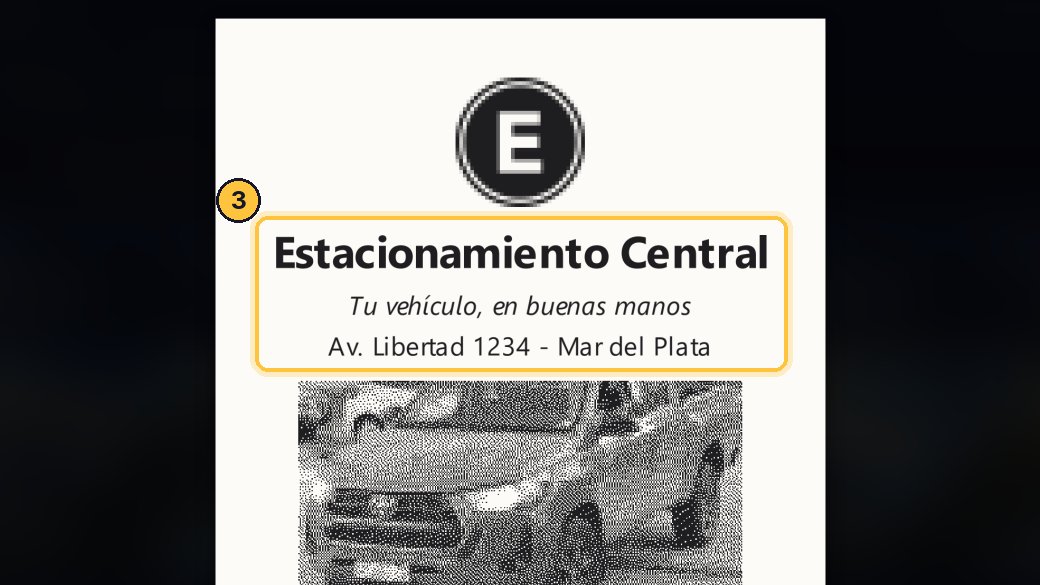Debajo del logo está el nombre de tu estacionamiento. Después, el eslogan que acabas de escribir, y la dirección.