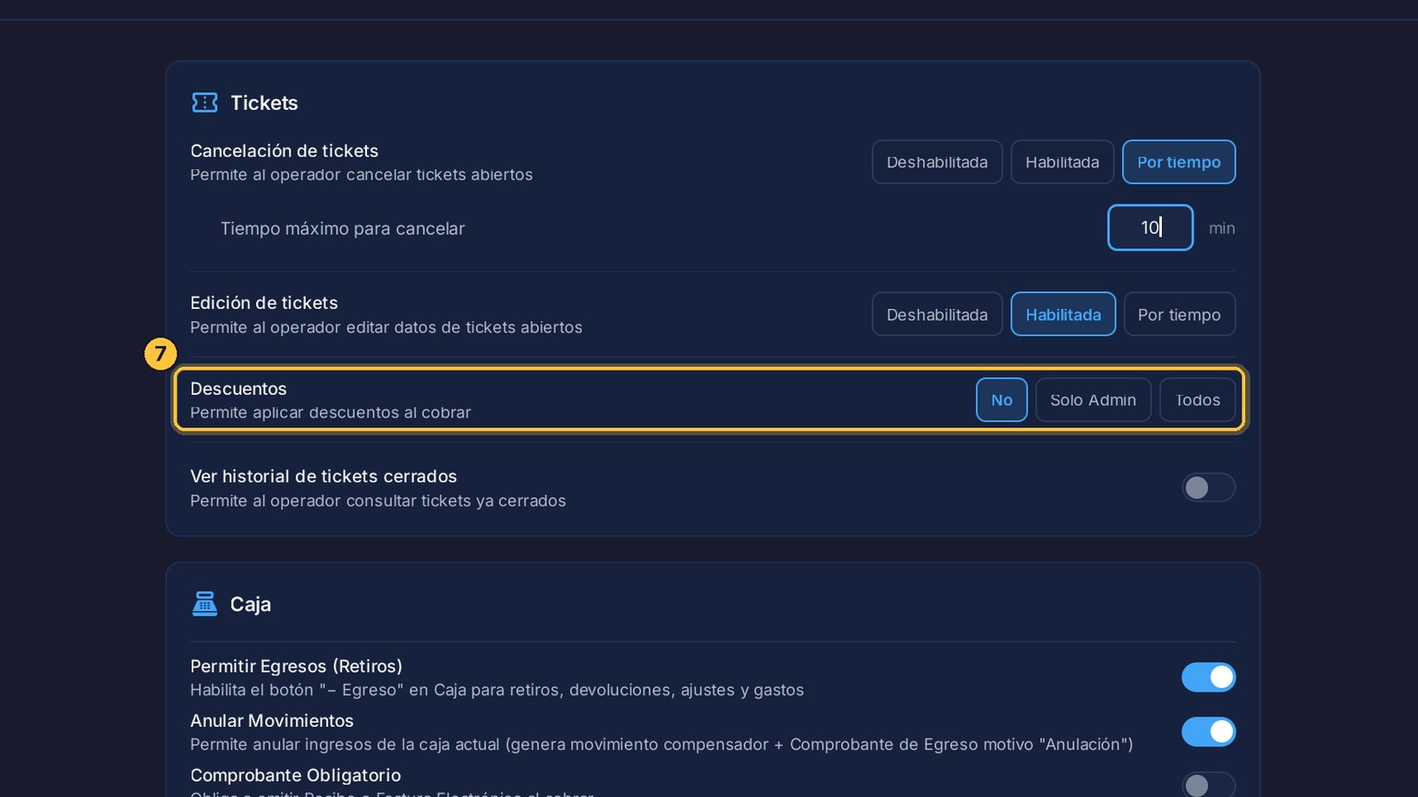 Descuentos tiene tres opciones: que nadie los haga, que los hagan solo los administradores, o todos.