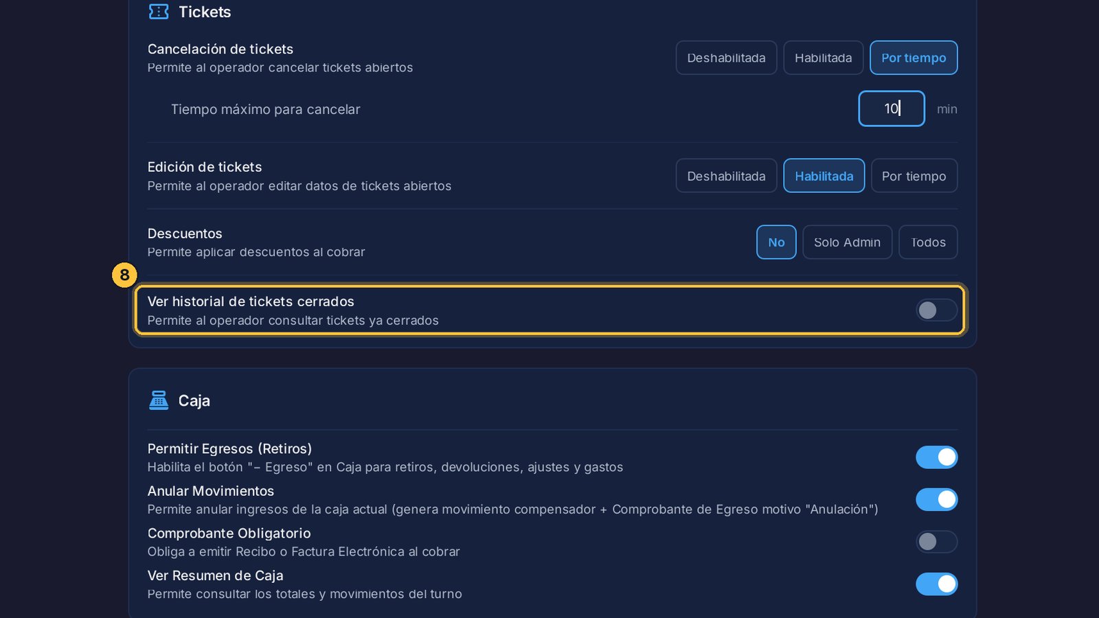 Y este interruptor permite que el cajero consulte los tickets que ya se cerraron.
