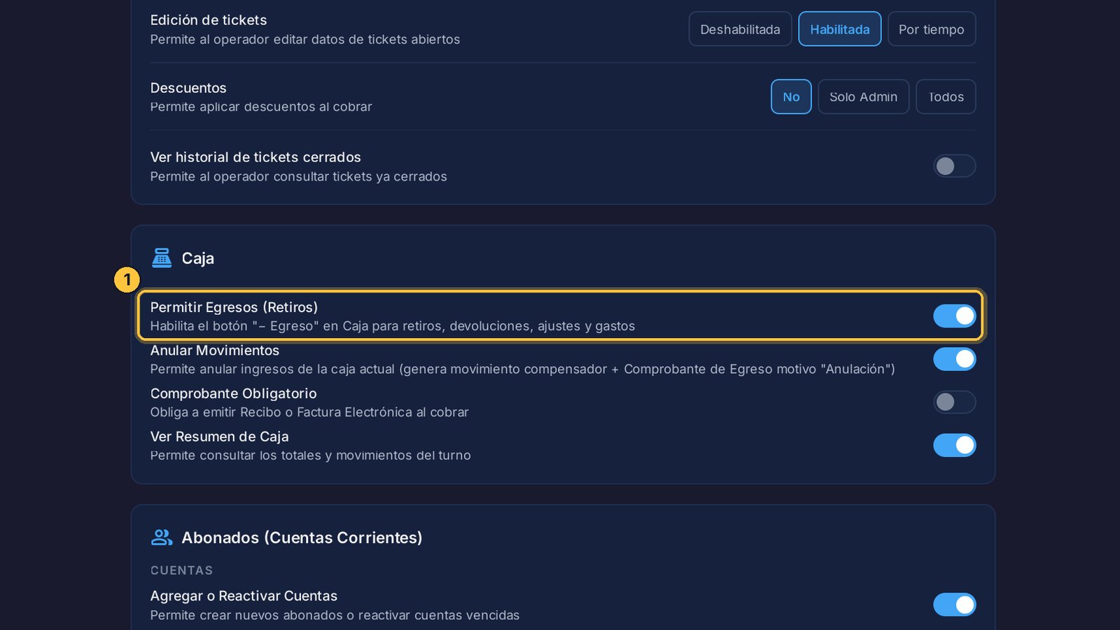 Permitir Egresos habilita el botón Egreso en la caja del cajero: retiros, devoluciones y gastos.