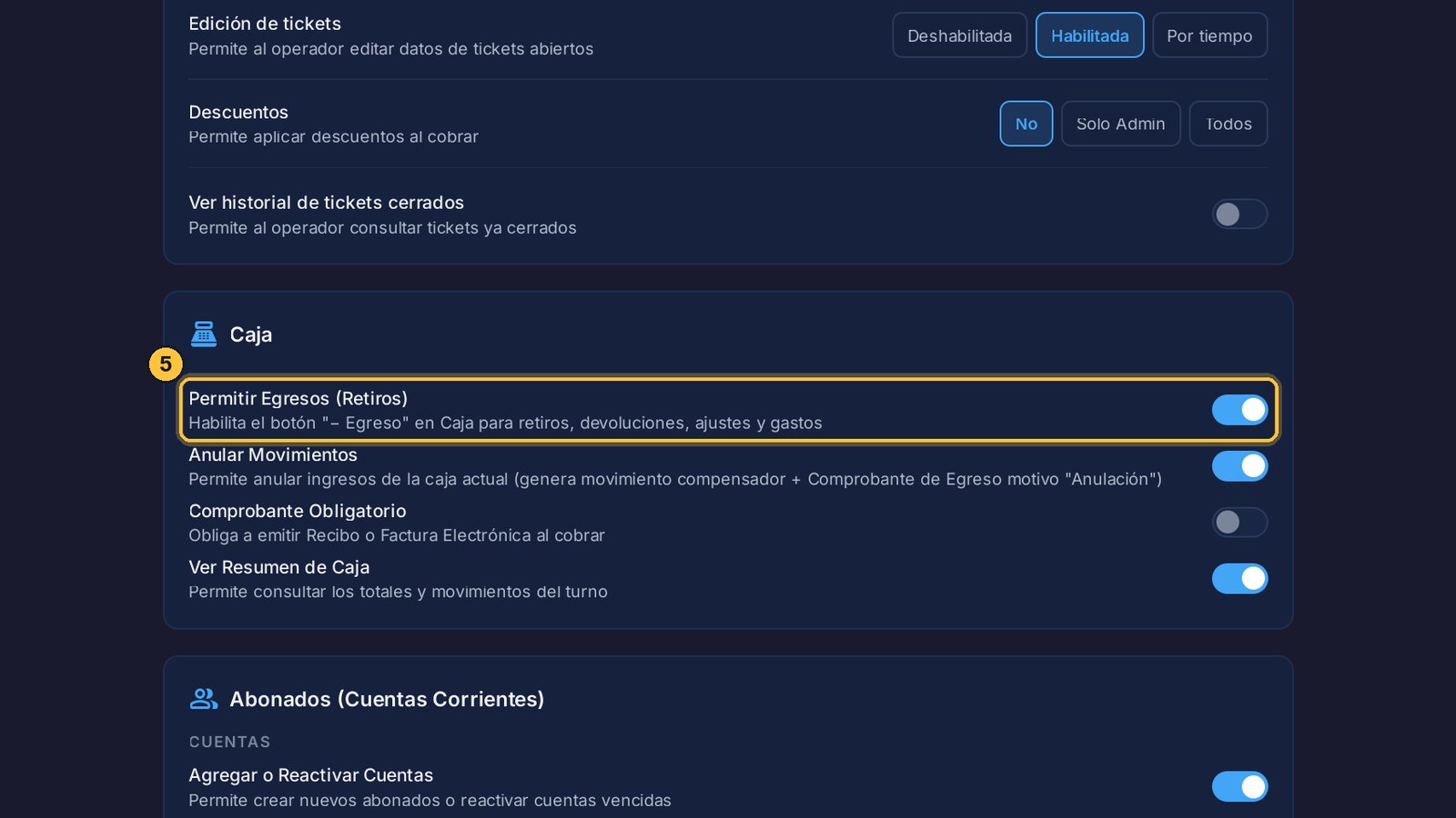 Si prefieres que solo tú puedas retirar dinero, apaga Permitir Egresos.