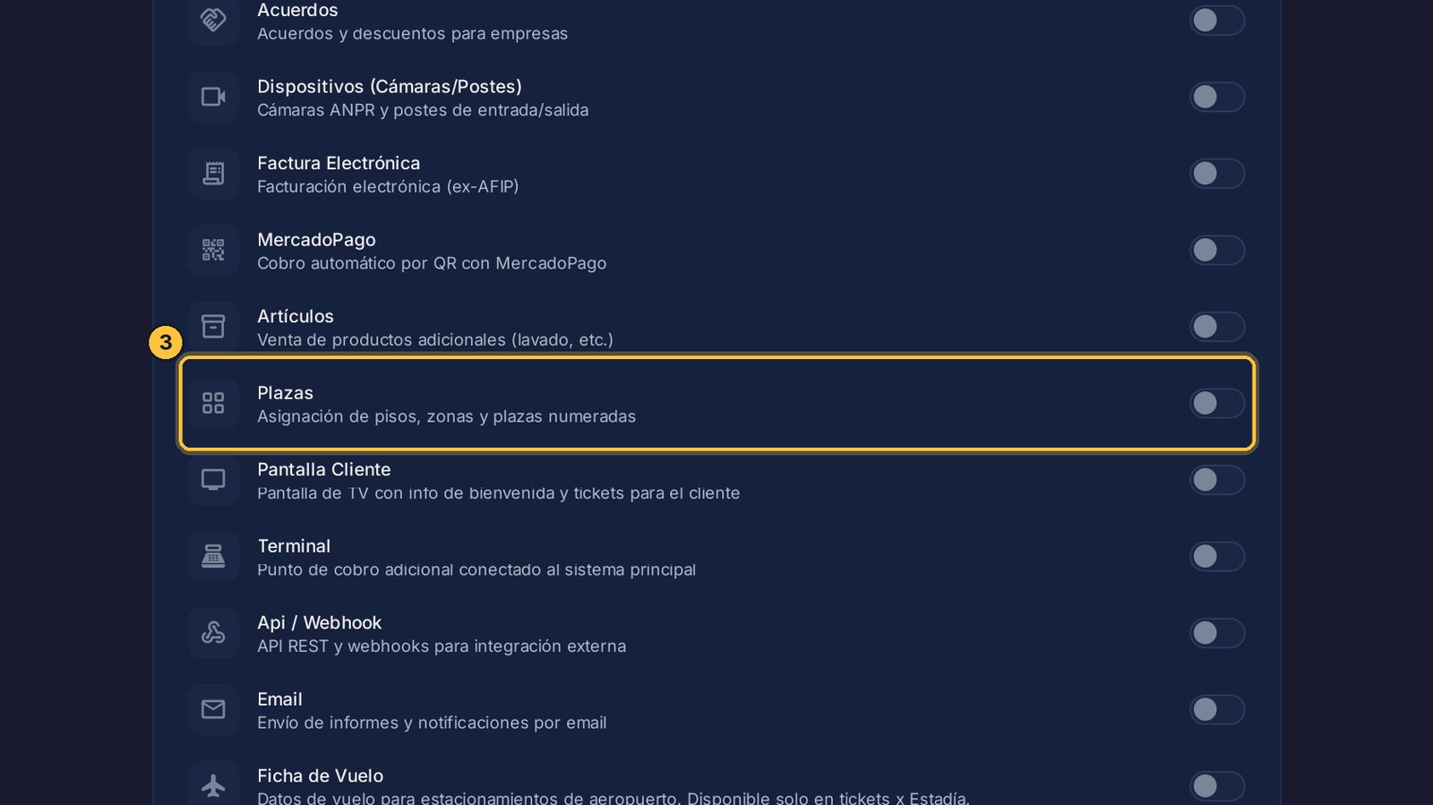 Busca Plazas en la lista y enciende su interruptor.