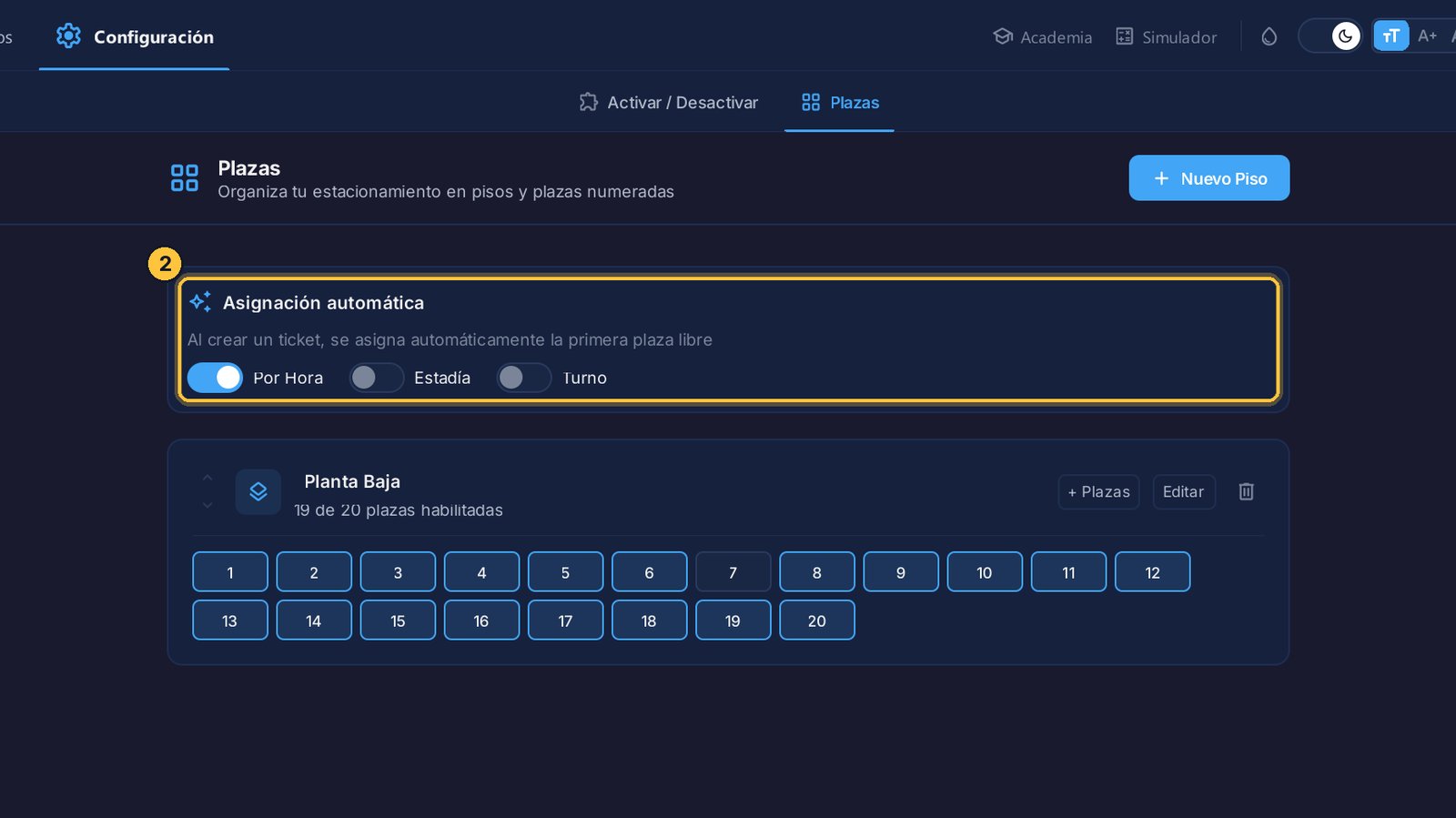 Desde ahora, cada ticket por hora recibe la primera plaza libre. El cambio se guarda solo.