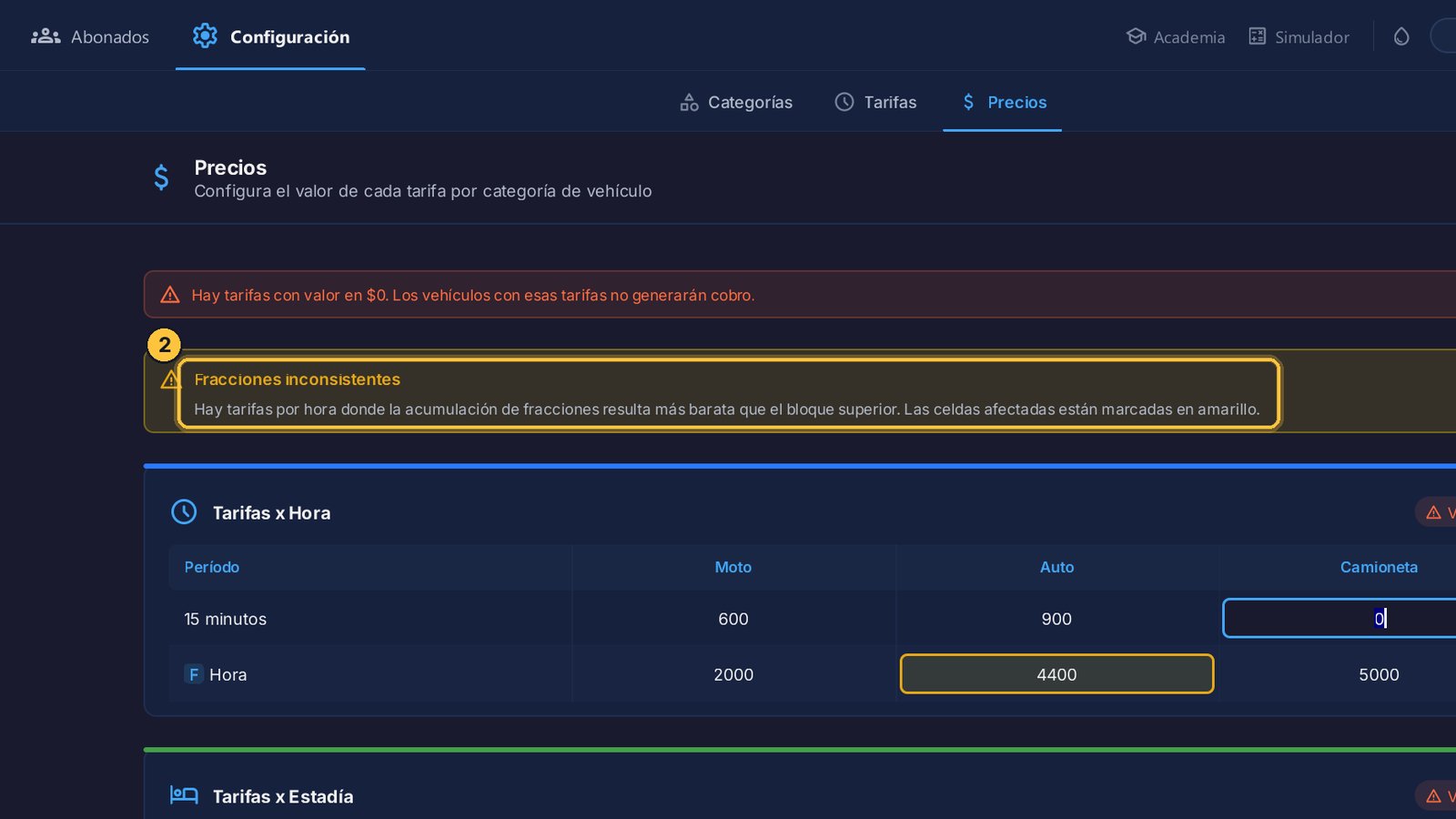 Aparece un aviso amarillo: fracciones inconsistentes.