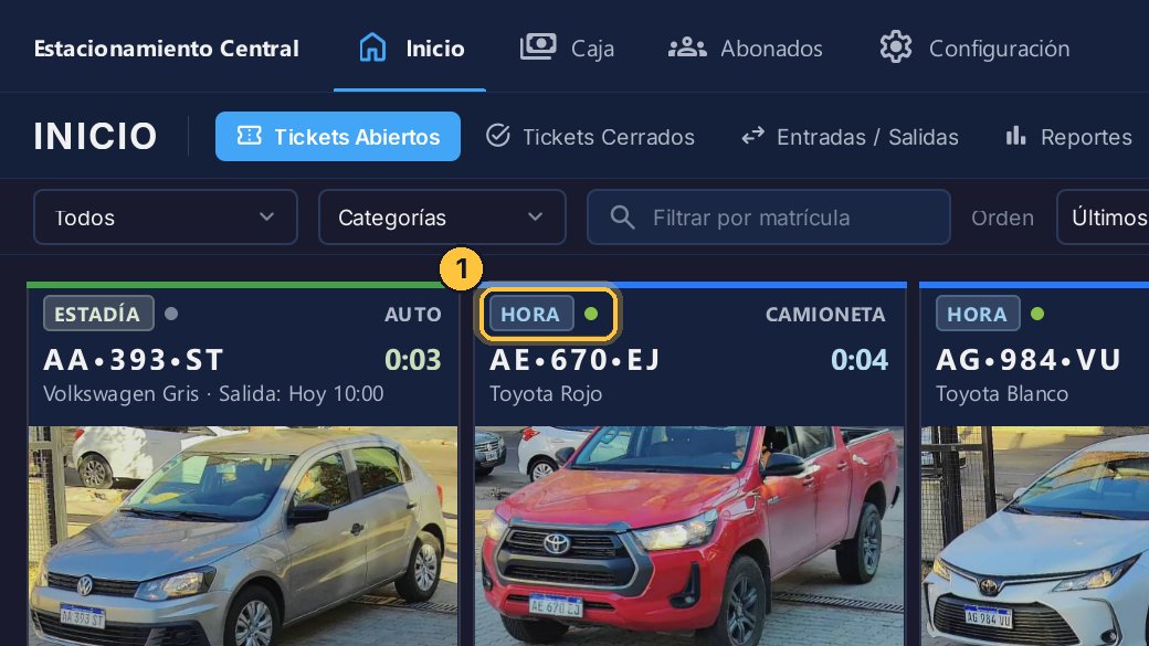 En cada tarjeta, junto al tipo de tarifa, un punto dice si el vehículo está adentro: verde, sí; gris, no.