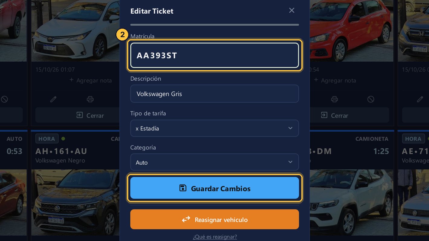 Aquí escribes la matrícula correcta y la guardas con Guardar Cambios.