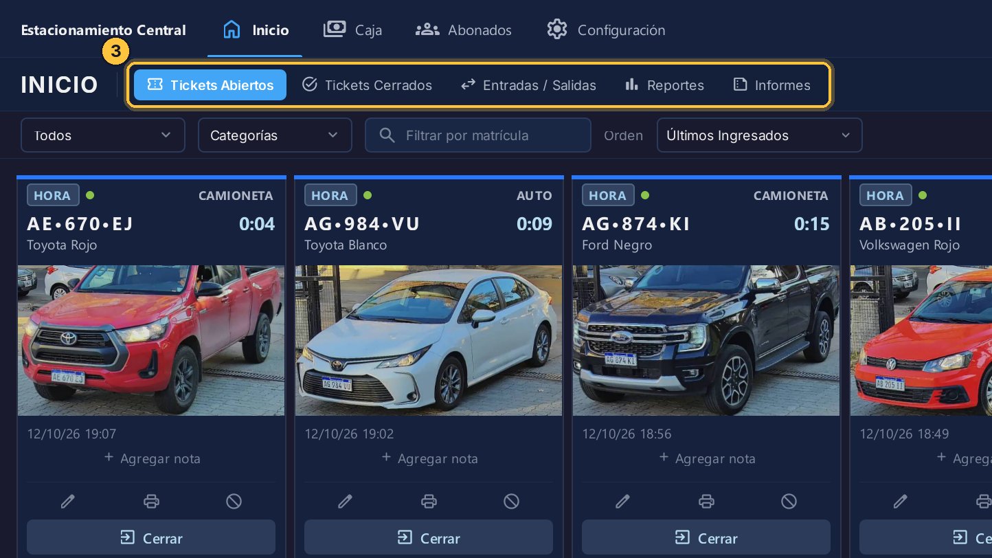 Con las pestañas cambias de vista: de los tickets abiertos a los cerrados, a las entradas y salidas, a los reportes o a los informes.