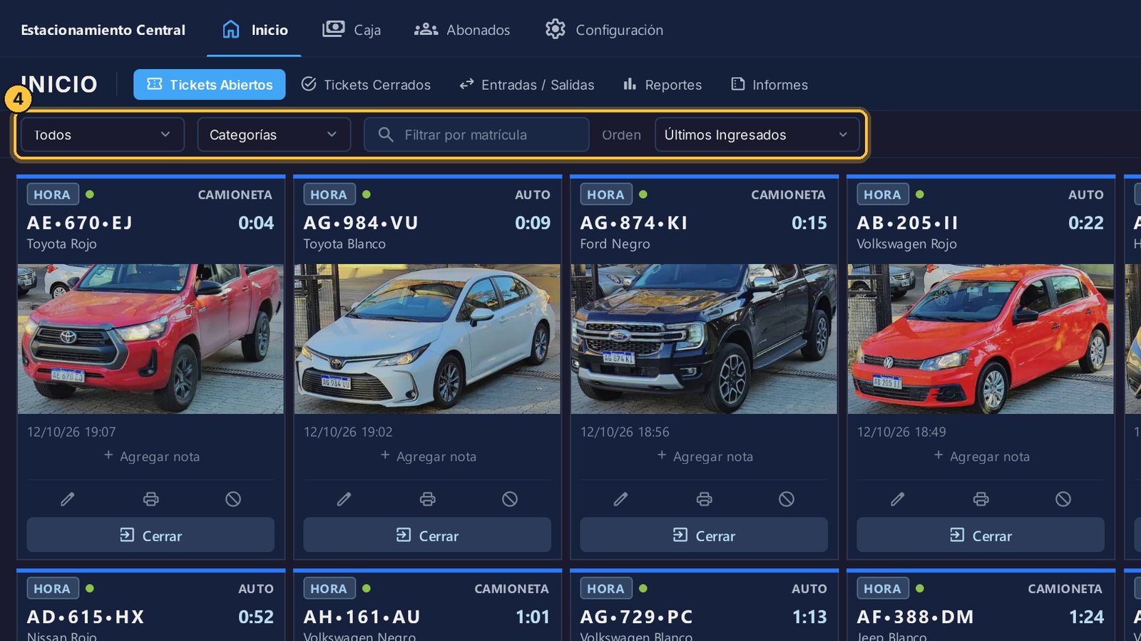 Debajo tienes los filtros: por tipo de tarifa, por categoría o por matrícula. Y al lado eliges en qué orden se muestran las tarjetas.