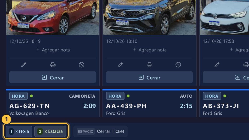 La barra muestra qué tecla hace cada cosa. Sus opciones dependen de las tarifas que tengas configuradas: en este estacionamiento, el uno es por hora y el dos, por estadía.