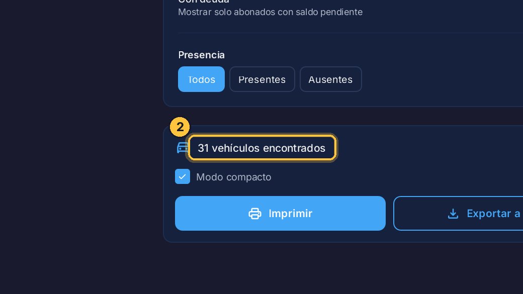 Abajo ves cuántos vehículos entran en el reporte. Sin filtros, son todos: los que tienen ticket y los de abonados.