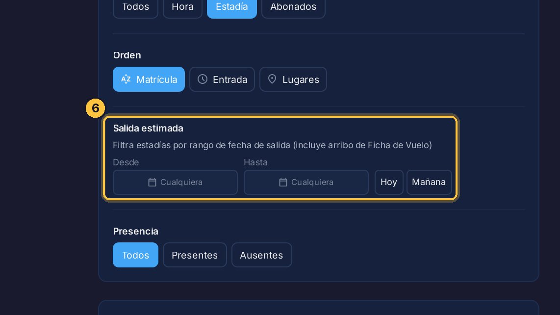 Con estadía aparece un filtro más: la salida estimada. Sirve para saber quiénes se van hoy, o mañana.
