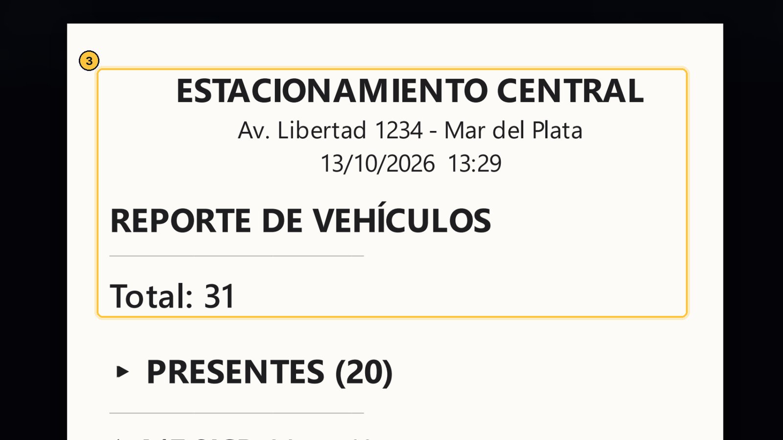 Arriba, el nombre de tu estacionamiento, la fecha, y el total de vehículos.