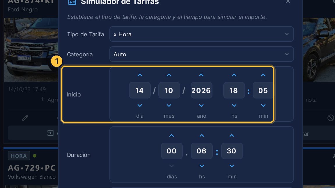Si tus precios cambian según la hora, aquí eliges a qué hora entra el vehículo, y el simulador lo tiene en cuenta.