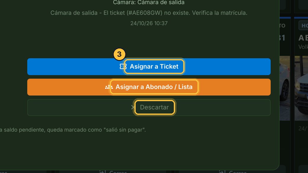 Abajo, las tres formas de resolverla: Asignar a Ticket, si el vehículo tenía ticket; Asignar a Abonado / Lista, si era un abonado o un vehículo de lista; y Descartar, si lo que vio la cámara no era un vehículo del estacionamiento.