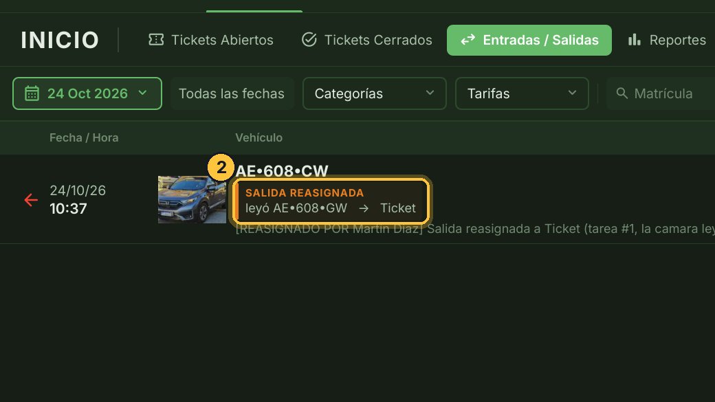 Ahí está la salida que reasignaste: con la matrícula de la camioneta, lo que había leído la cámara, y que se asignó a un ticket.