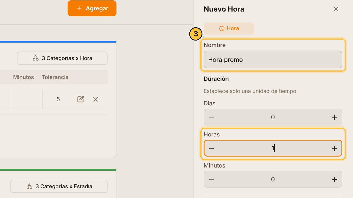 Escribe el nombre, Hora promo, y la duración: una hora.