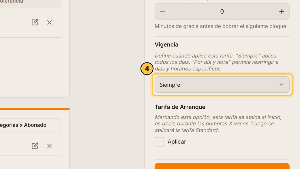 En Vigencia, cambia Siempre por Por día y hora.