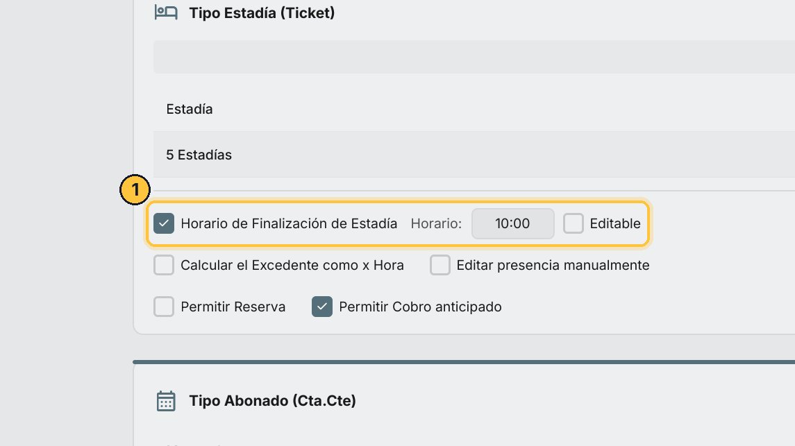 Con el horario de finalización, cada estadía nueva empieza a esa hora: en esta configuración de ejemplo, a las diez de la mañana. Si lo desmarcas, cada estadía dura veinticuatro horas desde que entró.