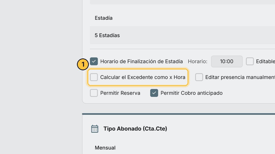 Con Calcular el Excedente como x Hora, lo que pasa de la última estadía se cobra por hora. Sin esta opción, cualquier hora de más ya es otra estadía.