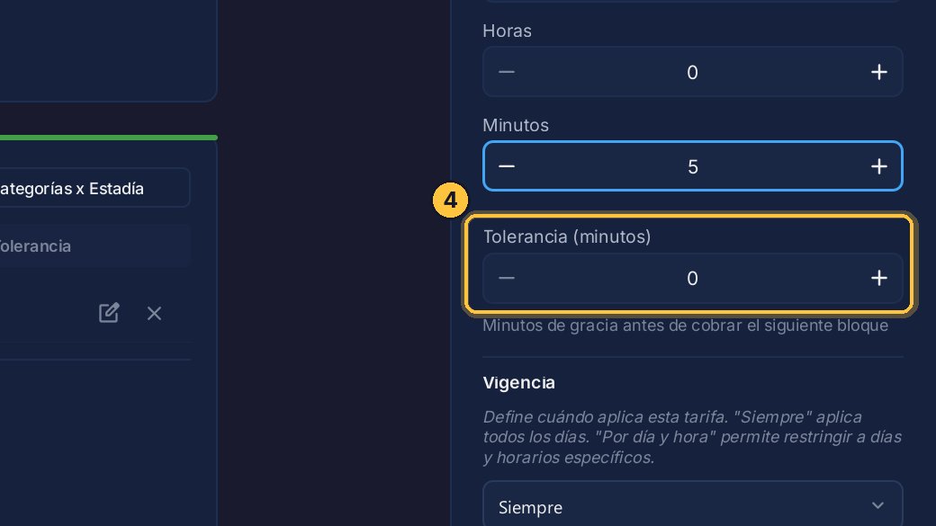 Debajo, la tolerancia: los minutos de gracia antes de cobrar el bloque siguiente.