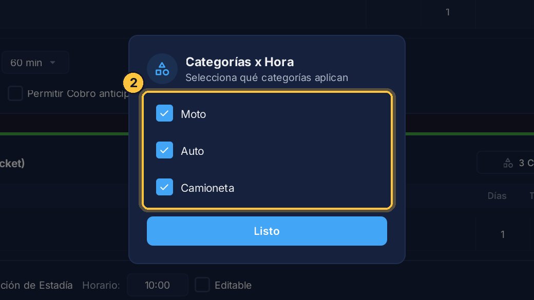 Una categoría desmarcada no aparece al registrar un ticket por hora, ni en sus precios. Cierra con Listo.