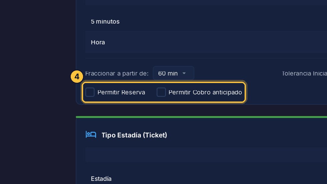 Permitir Cobro anticipado deja cobrar una parte antes de que el vehículo se vaya: lo vemos en Descuentos y pagos a cuenta. Y Permitir Reserva, cargar un ingreso para una hora que todavía no llegó: lo vemos en otro video.