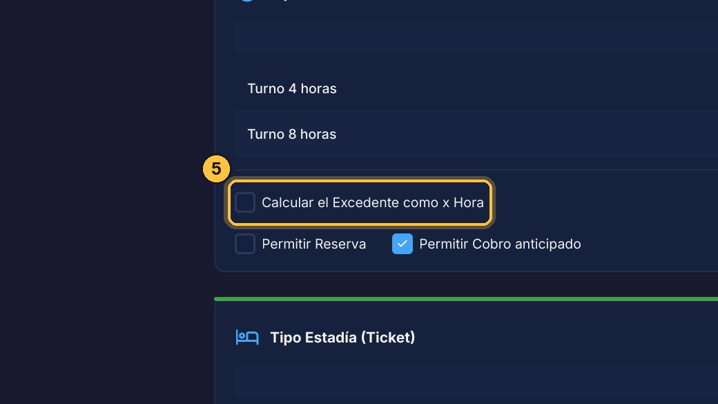 Activa Calcular el Excedente como x Hora si quieres cobrar sólo las horas de más; déjalo apagado si prefieres cobrar el turno siguiente.