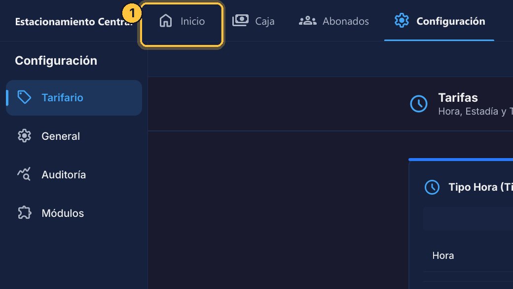 Vuelve a Inicio. Con cámaras o postes, el ticket se crea solo cuando entra el vehículo, por hora. Para cobrarle por turno, edítalo: haz clic en su lápiz.