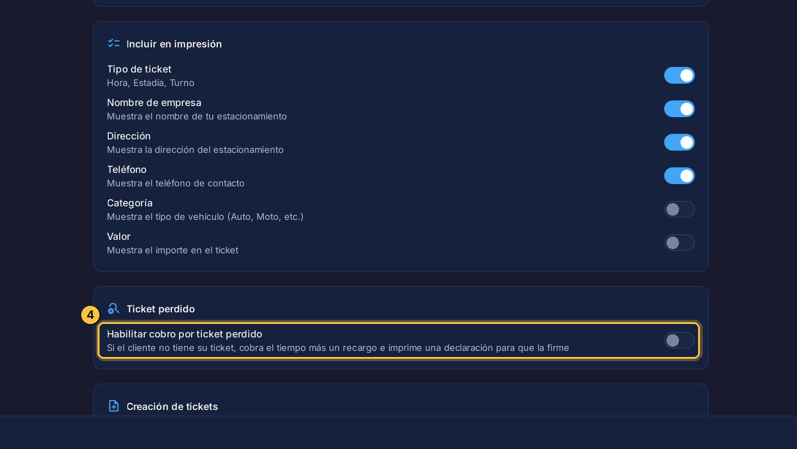 Activa Habilitar cobro por ticket perdido.