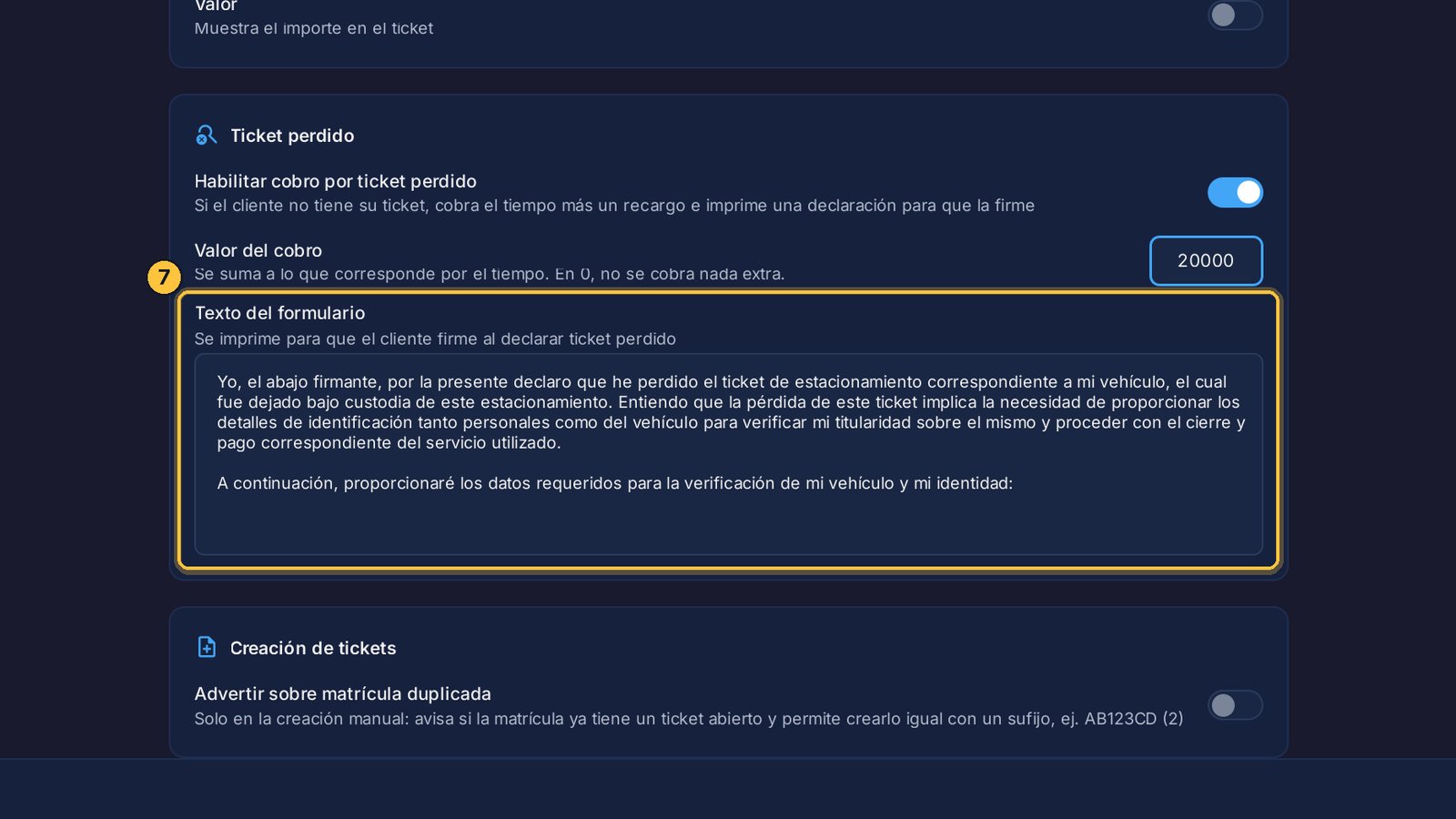 Y este es el texto de la declaración que firma el cliente. Ya viene escrito, y lo puedes cambiar.