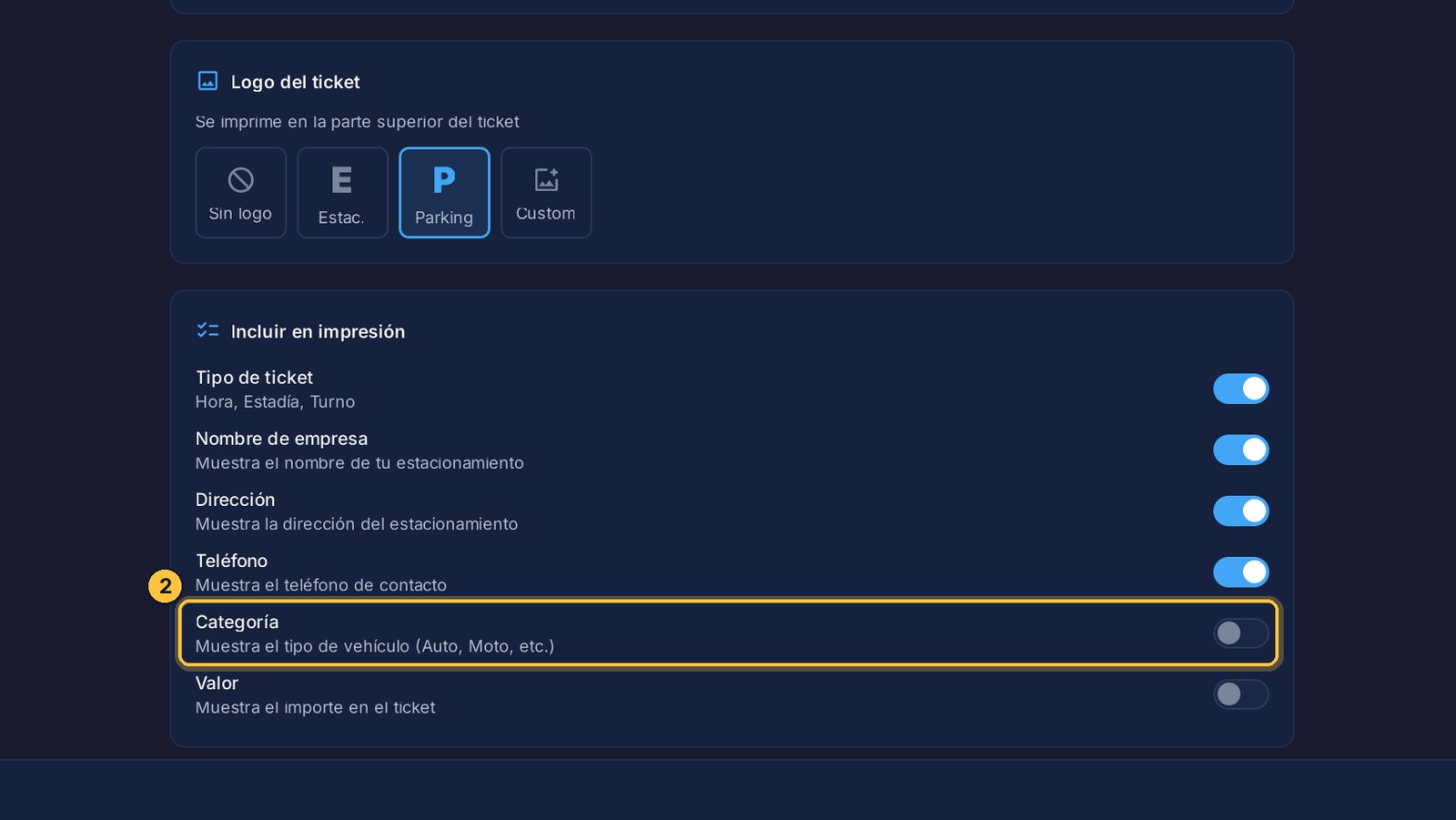 Activa Categoría, para que el ticket diga qué vehículo es.